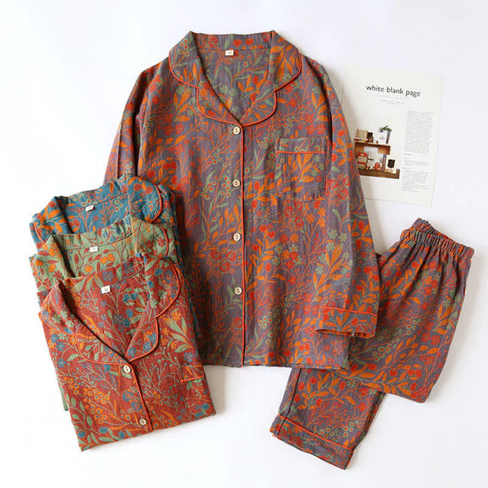 Shaani Vintage Leaf Cotton Lapel Loungewear Set