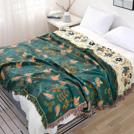 Shaani Floral & Bird Reversible Cotton Throw Blanket — Soft Cozy Sofa & Bed Cover